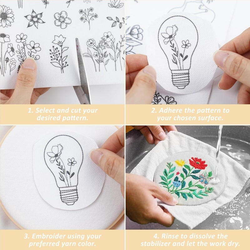 CRASHOT Water Soluble Embroidery Patterns - Stick & Stitch Embroidery Paper Wash Away, 4 Sheet Stabilizer for Embroidery, Flower Highland Cow Cat Bear Dinosaur Horse Animal Style, Hand Sewing Lover Gifts - Image 3